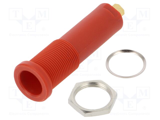 Socket; 4mm banana; 16A; 6000V; red; gold-plated; on panel