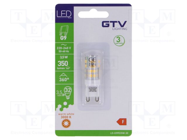 LED lamp; warm white; G9; 230VAC; 350lm; 3.5W; 360°; 3000K