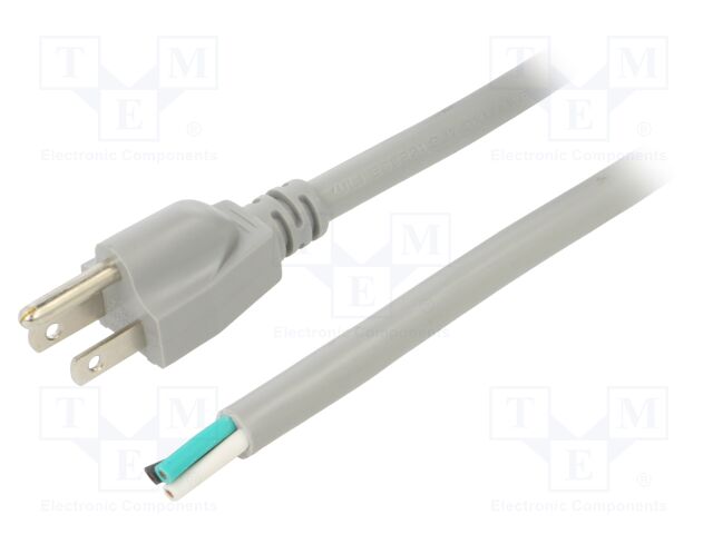Cable; 3x14AWG; NEMA 5-15 (B) plug,wires; PVC; 5m; grey; 13A; 125V