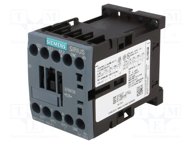Contactor: 3-pole; NO x3; Auxiliary contacts: NC; 24VDC; 7A; 3RT20