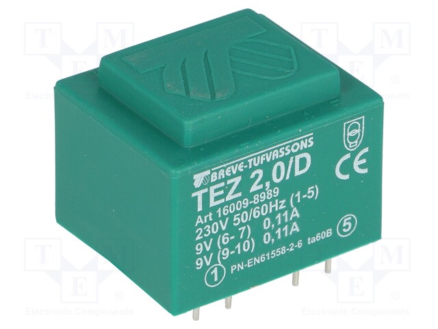 Transformer: encapsulated; 2VA; 230VAC; 9V; 9V; 111.1mA; 111.1mA