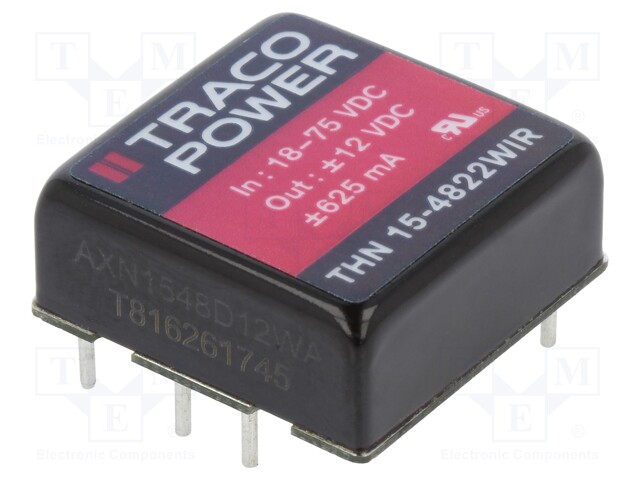 Converter: DC/DC; 15W; Uin: 18÷75V; Uout: 12VDC; Uout2: -12VDC; 1"x1"