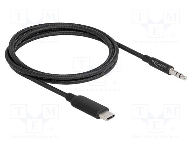 Cable; Jack 3.5mm 3pin plug,USB C plug; 1m; black; textile