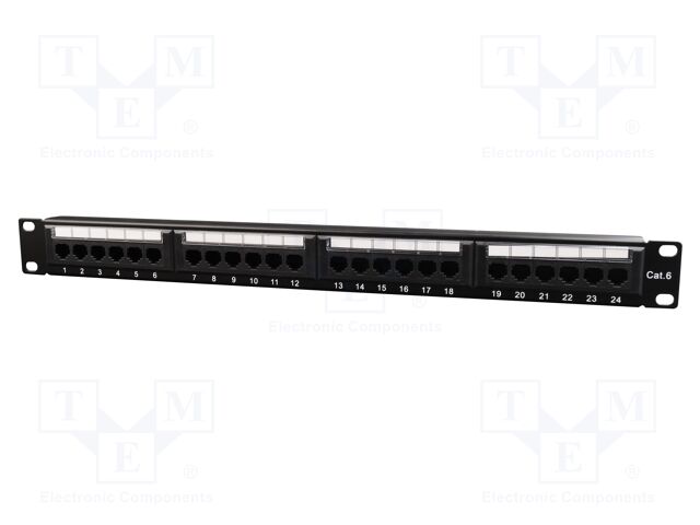 Patch panel; black; Number of ports: 24; Cat: 6; RJ45 socket x24