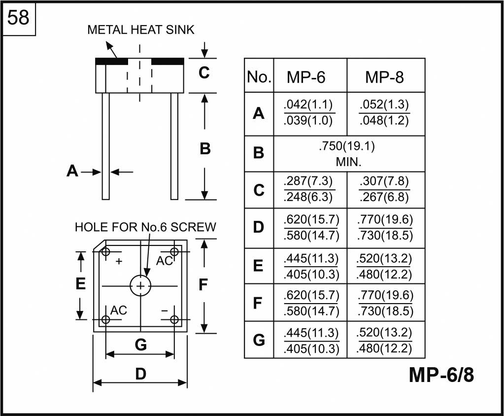 Single-phase bridge rectifier; Urmax: 200V; If: 6A; Ifsm: 180A