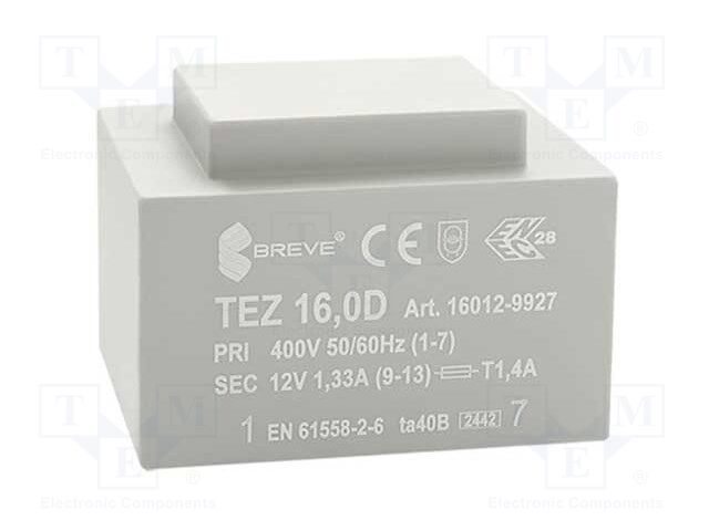 Transformer: encapsulated; 16VA; 400VAC; 12V; 1333.3mA; IP00; 420g