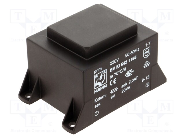 Transformer: encapsulated; 20VA; 230VAC; 9V; 2223mA; Mounting: PCB