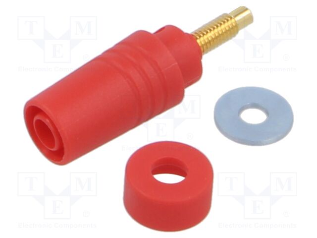 Connector: 4mm banana; socket; 32A; 1kV; red; gold-plated; soldered