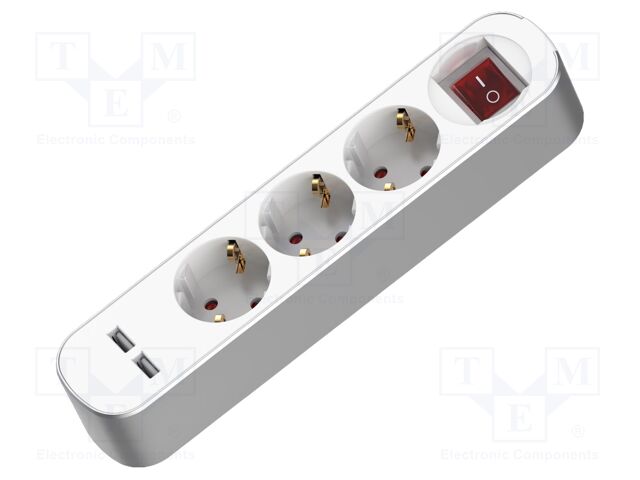 Extension lead; 3x1.5mm2; Schuko; Sockets: 5; PVC; white; 3m; 16A