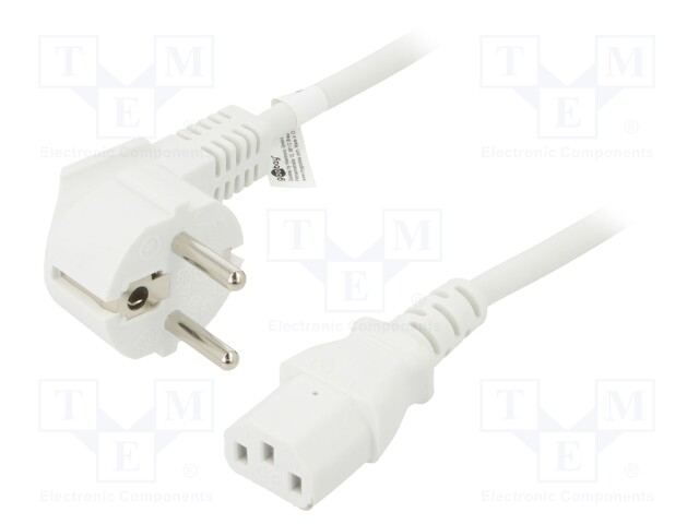 Cable; CEE 7/7 (E/F) plug angled,IEC C13 female; PVC; 5m; white