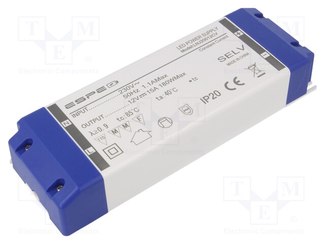 Power supply: switched-mode; LED; 180W; 12VDC; 15A; 220÷240VAC