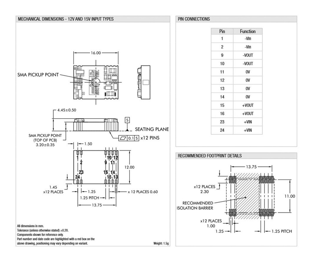 Converter: DC/DC; 1W; Uin: 12V; Uout: 15VDC; Uout2: -3VDC; Iout: 56mA