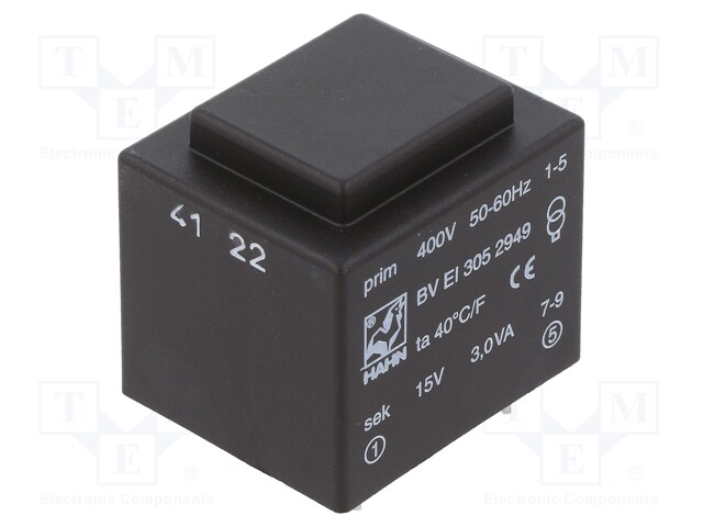 Transformer: encapsulated; 3VA; 400VAC; 15V; 200mA; Mounting: PCB