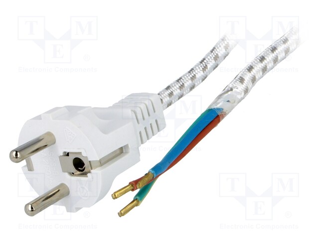 Cable; CEE 7/7 (E/F) plug,wires; 3m; white; textile braid; 6A