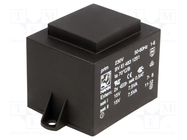 Transformer: encapsulated; 15VA; 230VAC; 15V; 15V; 500mA; 500mA