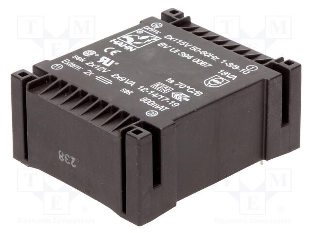 Transformer: encapsulated; 18VA; 115/115VAC; 12V; 12V; 750mA; 750mA