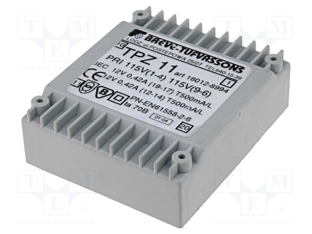 Transformer: mains; 11VA; 115VAC; 12V; 12V; 458mA; Mounting: PCB