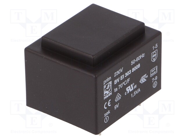 Transformer: encapsulated; 1.5VA; 230VAC; 9V; 167mA; Mounting: PCB