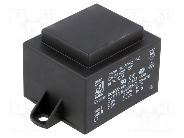 Transformer: encapsulated; 6VA; 230VAC; 7.5V; 7.5V; 400mA; 400mA
