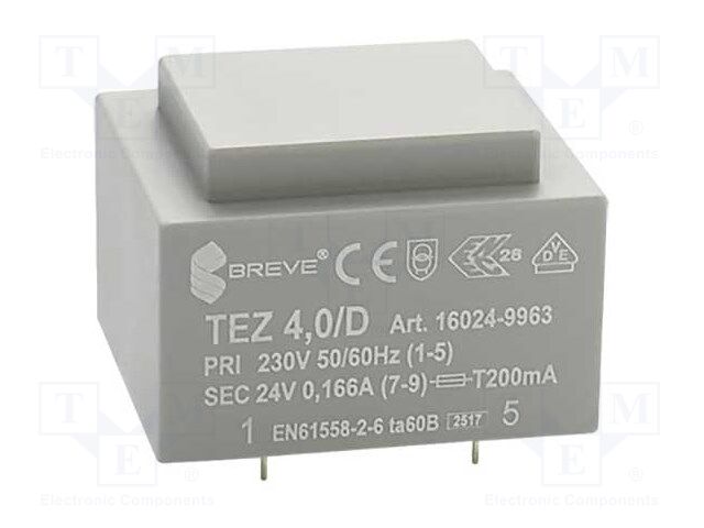 Transformer: encapsulated; 4VA; 230VAC; 24V; 166.6mA; Mounting: PCB