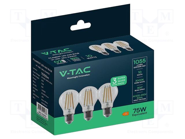 LED lamp; white warm; E27; 220÷240VAC; 1055lm; P: 10W; 300°; 3000K