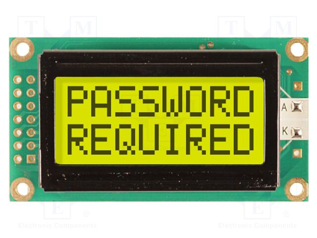 Display: LCD; STN Positive; 8x2; yellow-green; 58x32mm; LED; PIN: 14