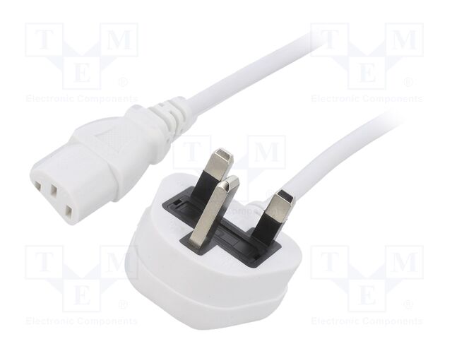 Cable; 3x0.75mm2; BS 1363 (G) plug,IEC C13 female; PVC; 1m; white