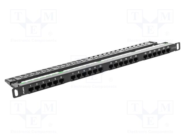 Patch panel; black; Number of ports: 24; Cat: 5e; RJ45 socket x24