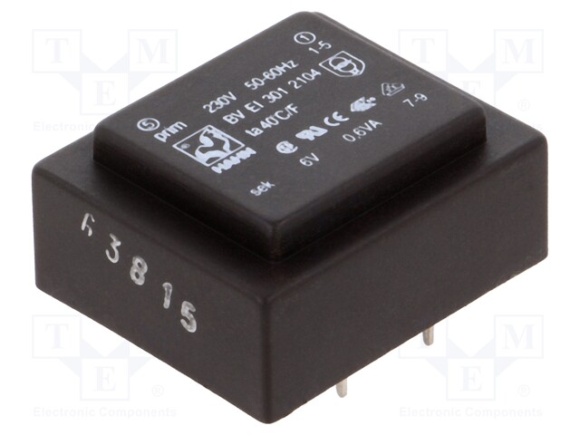 Transformer: encapsulated; 0.6VA; 230VAC; 6V; 100mA; Mounting: PCB