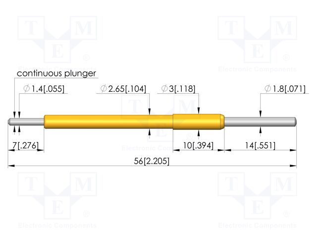 Test needle; Spring compression: 11.2mm; 14mm; 8A; CuBe; Ø: 1.8mm
