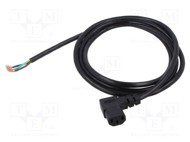 Cable; IEC C13 female 90°,wires; PVC; 2m; black; 3x18AWG; 10A; 250V