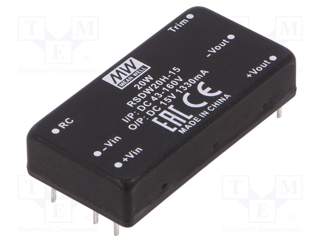 Converter: DC/DC; 20W; Uin: 43÷160V; 15VDC; Iout: 1330mA; 2"x1",DIP