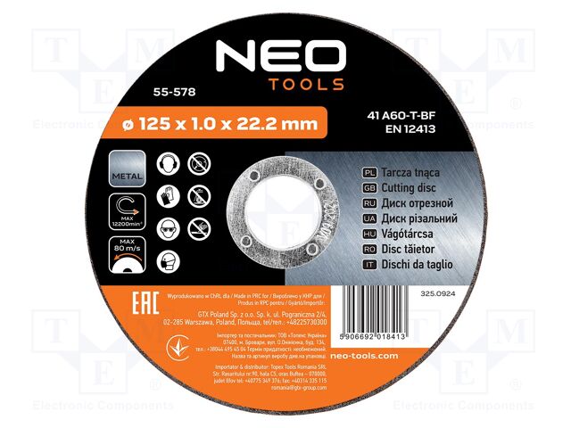 Cutting wheel; Ø: 125mm; Disc thick: 1mm; metal,steel; 22.22mm