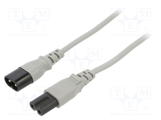 Cable; 2x0.75mm2; IEC C7 female,IEC C8 male; PVC; 3m; grey; 2.5A