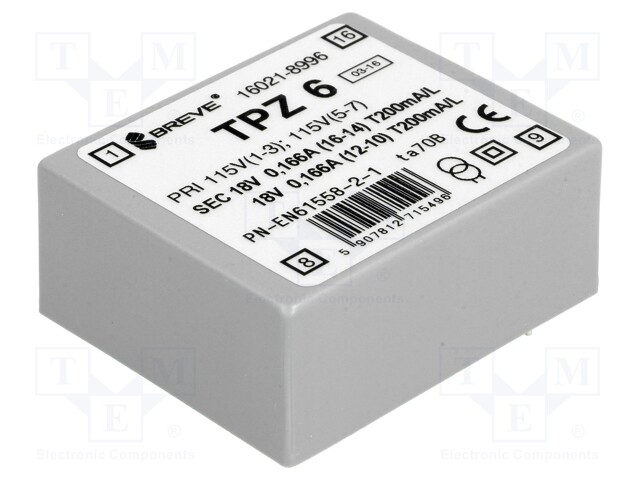 Transformer: mains; 6VA; 115VAC; 18V; 18V; Mounting: PCB; IP00