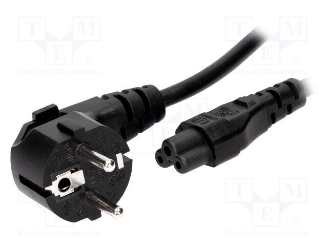 Cable; CEE 7/7 (E/F) plug angled,IEC C5 female; 1.5m; black; PVC