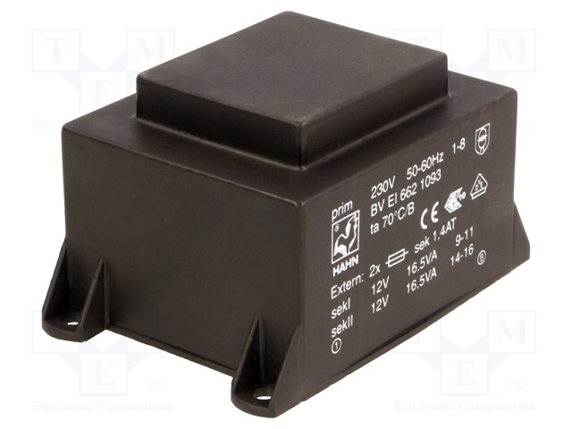 Transformer: encapsulated; 33VA; 230VAC; 12V; 12V; 1375mA; 1375mA
