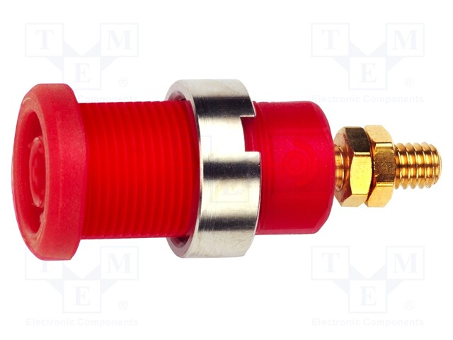 Socket; 4mm banana; 36A; red; gold-plated; on panel; 34mm; 10pcs.