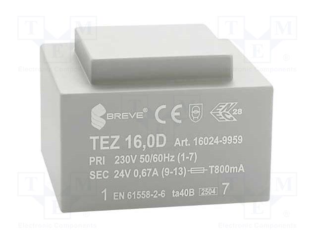 Transformer: encapsulated; 16VA; 230VAC; 24V; 666.6mA; IP00; 420g