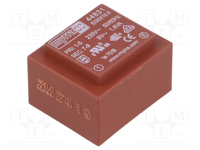 Transformer: encapsulated; 1.8VA; 230VAC; 9V; 200mA; Mounting: PCB