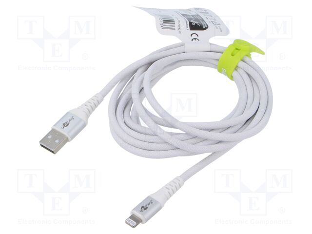 Cable; USB 2.0; Apple Lightning plug,USB A plug; 3m; white; 60W