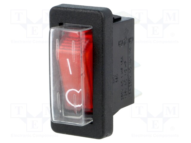 ROCKER; SPST; Pos: 2; OFF-ON; 16A/250VAC; red; neon lamp 250V
