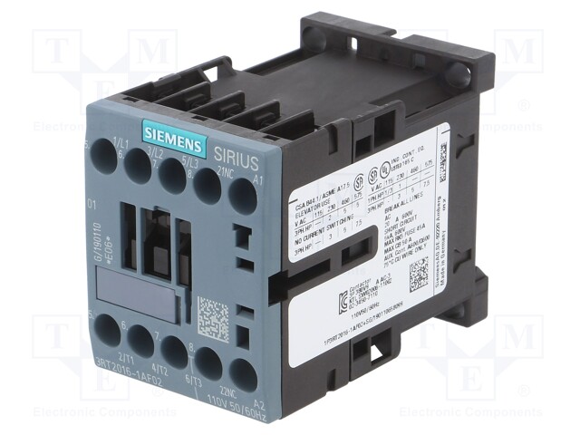 Contactor: 3-pole; NO x3; Auxiliary contacts: NC; 110VAC; 9A; 3RT20