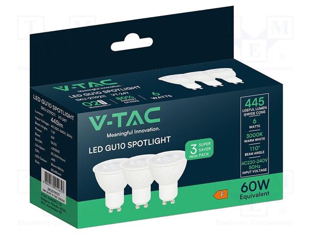 LED lamp; white warm; GU10; 220÷240VAC; 445lm; P: 6W; 110°; 3000K