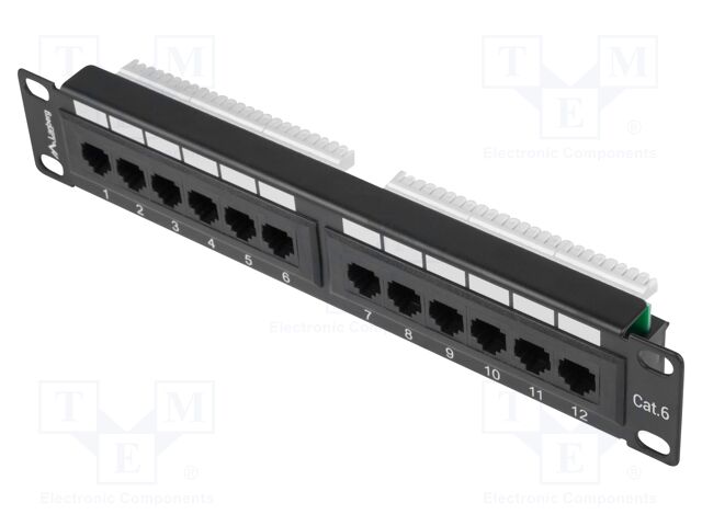 Patch panel; black; Number of ports: 12; Cat: 6; RJ45 socket x12