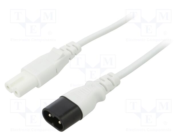 Cable; 2x0.75mm2; IEC C7 female,IEC C8 male; PVC; 1m; white; 2.5A