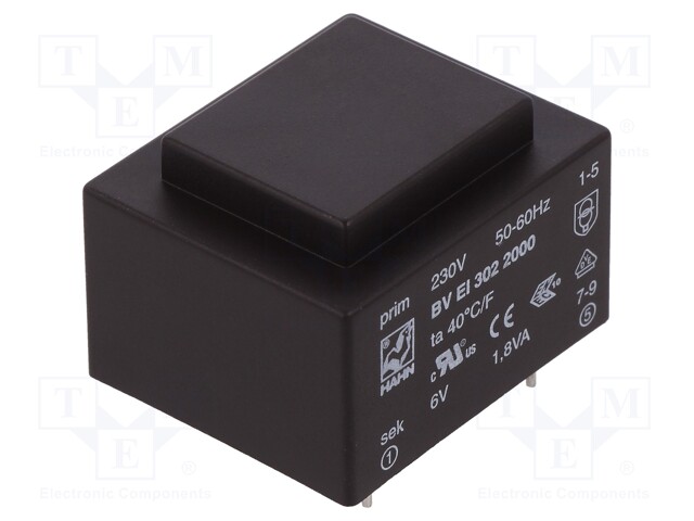 Transformer: encapsulated; 1.8VA; 230VAC; 6V; 300mA; Mounting: PCB