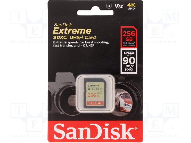 Memory card; Extreme; SD XC; 256GB; Read:90MB/s; Write:60MB/s