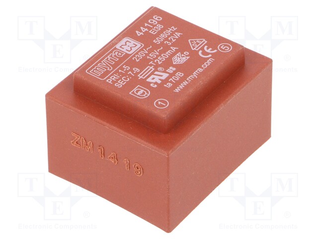 Transformer: encapsulated; 3.2VA; 230VAC; 15V; 213mA; Mounting: PCB