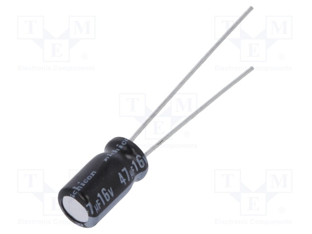 Capacitor: electrolytic; THT; 47uF; 16VDC; Ø5x9mm; Pitch: 2mm; ±20%